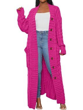 Women's Hot Pink Stylish Cable Knit Extra With Buttons Long Cardigan Sweater